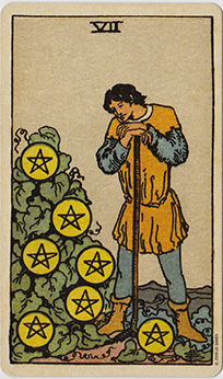 Rider Waite Smith 7 of Pentacles Tarot Card