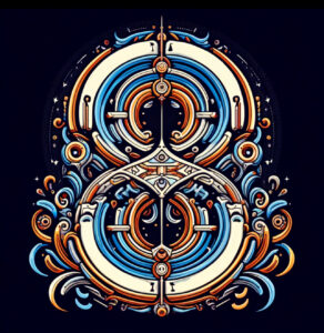 colourful sigil in the shape of the number 8, on a black background