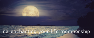 image of the full moon half hidden by clouds over a beach with the moonlight glittering on the water. Test: re-enchanting your life membership